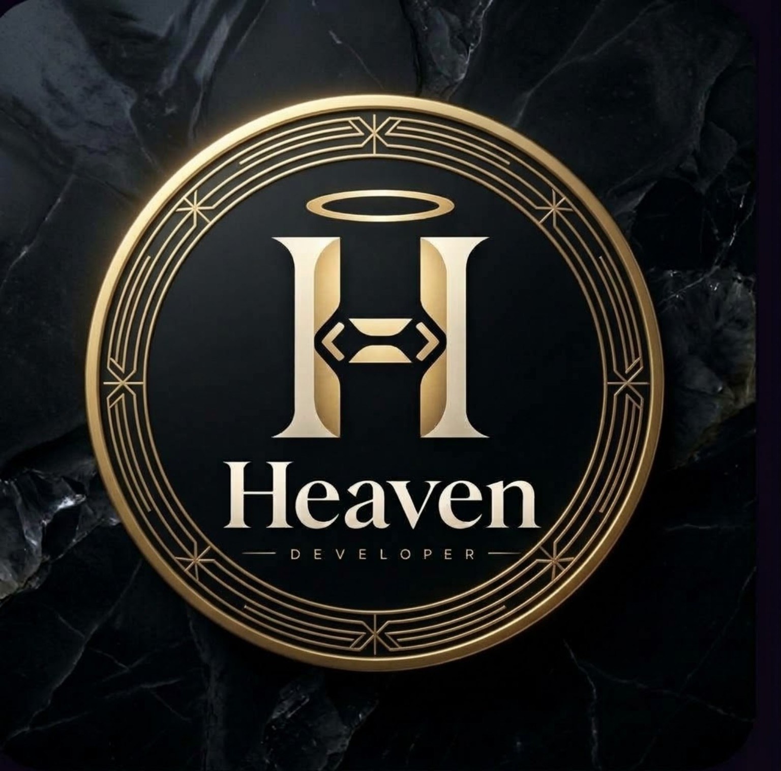 Heaven Developer logo: a golden H with a halo inside a gold circular frame